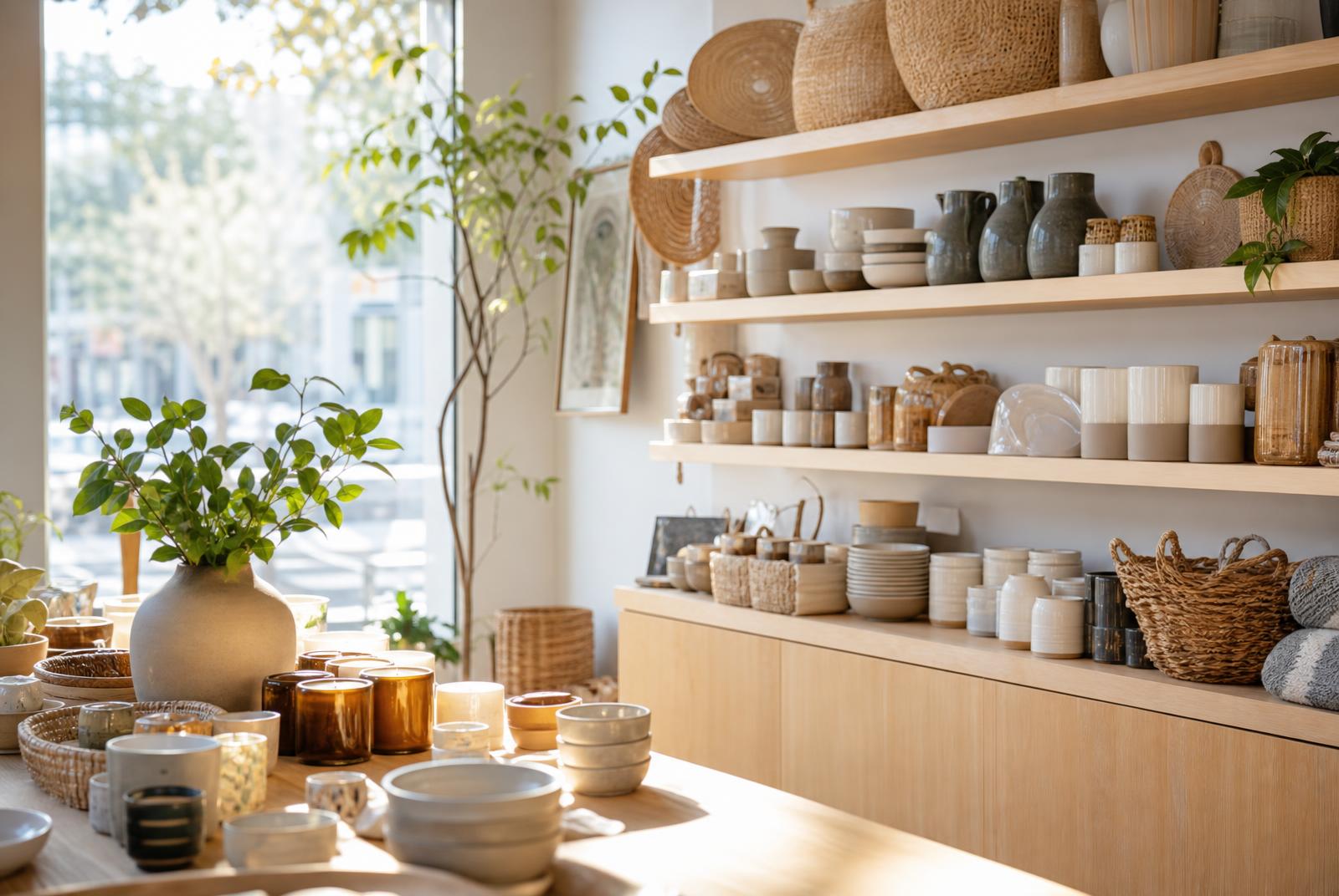 Bright interior of a curated local boutique with ceramics and candles