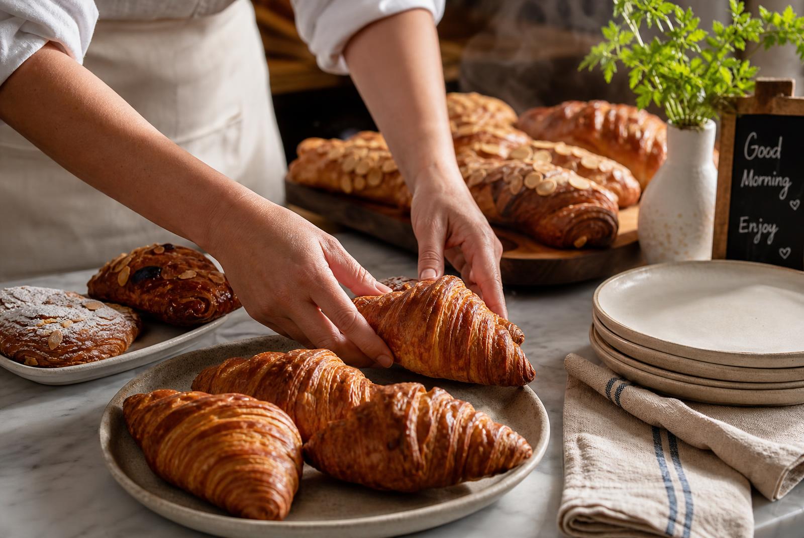 Baker arranging fresh croissants at a local bakery counter