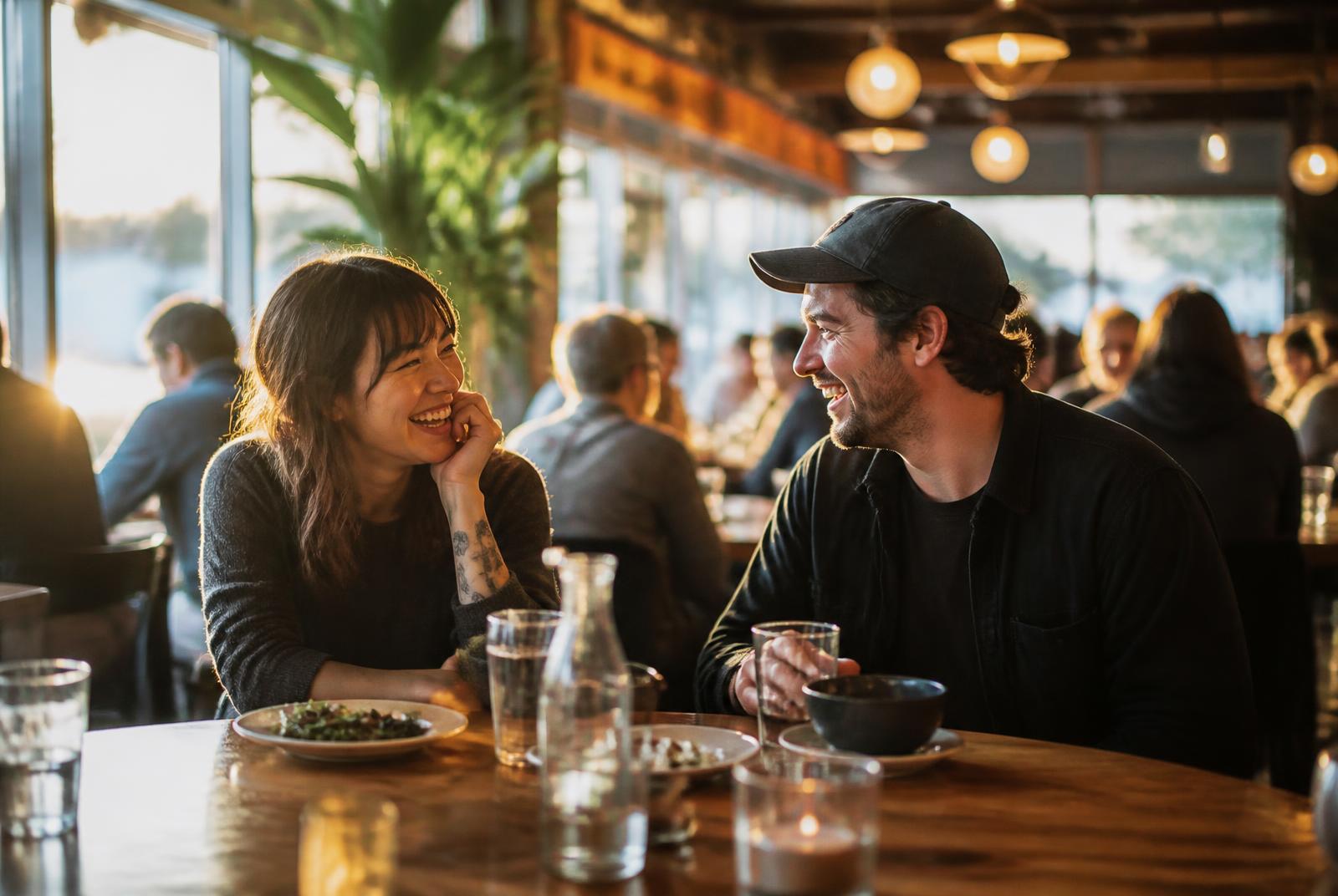 Guests laughing over dinner in a warm local restaurant