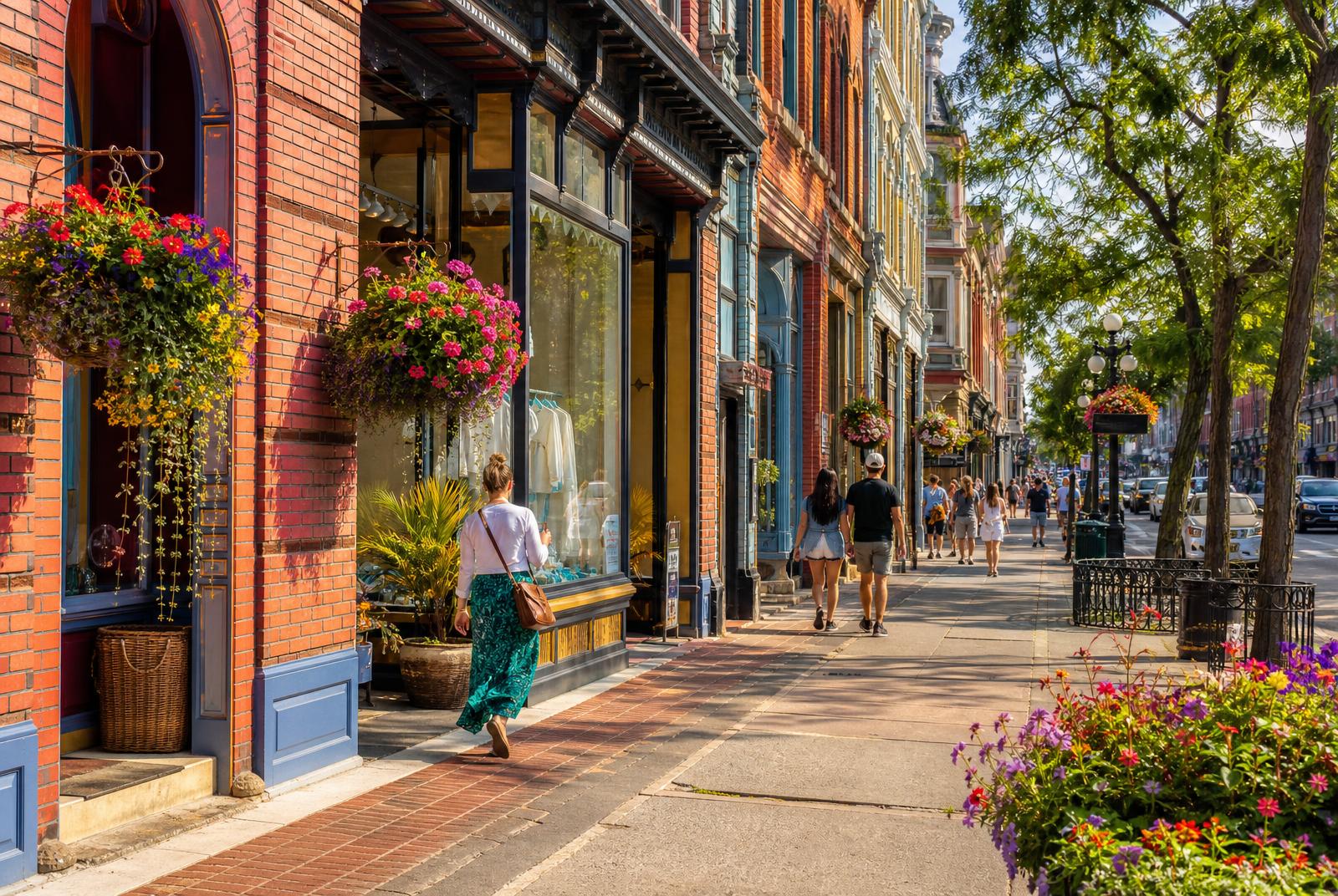 Sunny heritage street in downtown Victoria BC with flower baskets and local shops